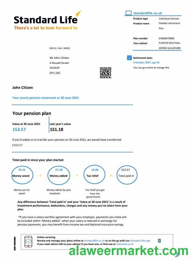 United Kingdom Standard Life proof of address pension statement in Excel and PDF (.xls and .pdf) format